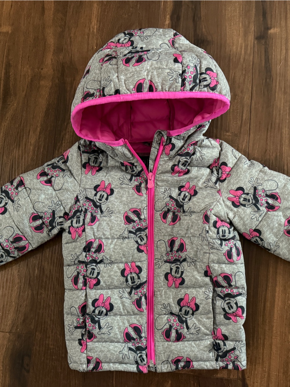 GAP x Disney Baby Minnie Mouse Pink and Gray Puffer Jacket